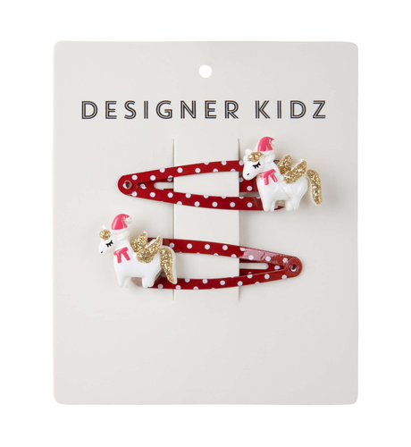 Designer Kidz Christmas Unicorn Hair Clips - Red