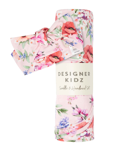 Designer Kidz Frankie Floral Swaddle & Headband Set - Pink