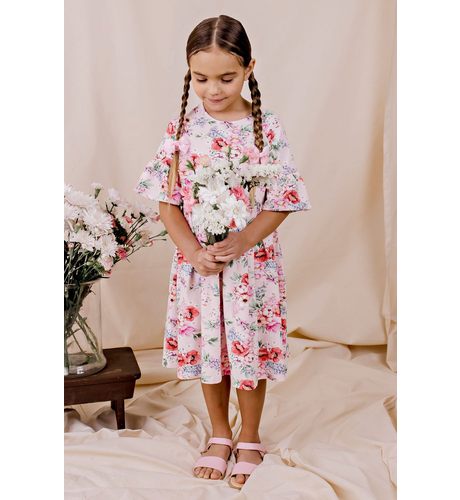 Designer Kidz Frankie Floral Bell Sleeve S/S Dress - Pink