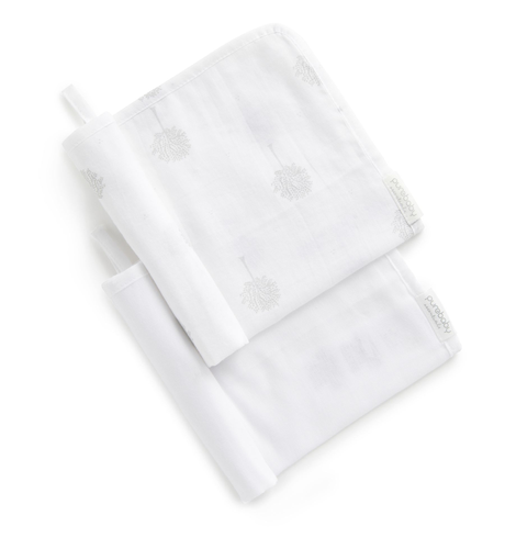 Purebaby Muslin Facewasher 2Pk - Wht/Pale Grey Tree