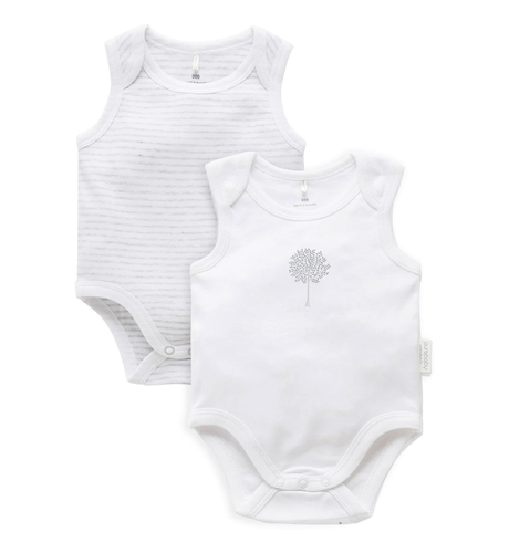 Purebaby 2Pk Singlet Bodysuit - Wht/Grey Melange Strp