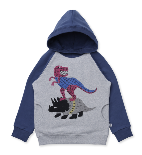 Minti Super Dinos Furry Hood - Grey Marle/Navy