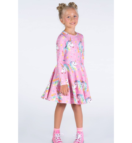 Rock Your Kid Dotty Unicorn L/S Waisted Dress