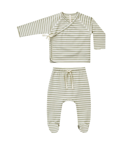 Quincy Mae Wrap Top + Footed Pant Set - Sage Stripe
