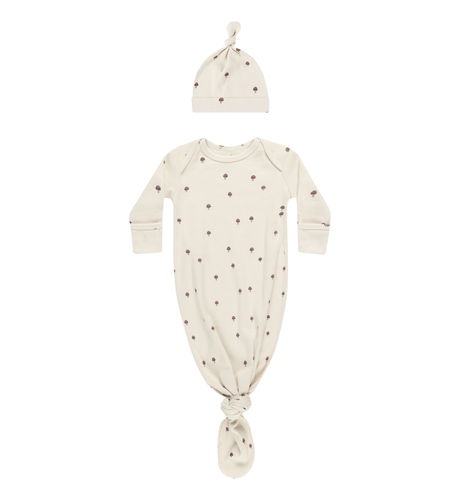 Quincy Mae Knotted Baby Gown + Hat Set - Mushrooms