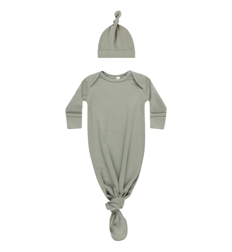 Quincy Mae Knotted Baby Gown + Hat Set - Basil