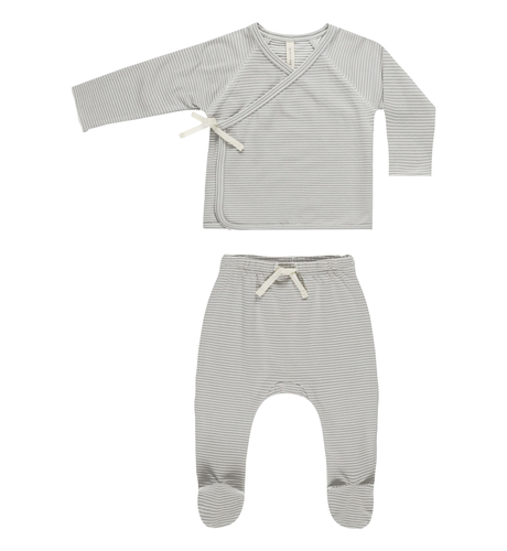 Quincy Mae Wrap Top + Footed Pant Set - Blue Micro Stripe