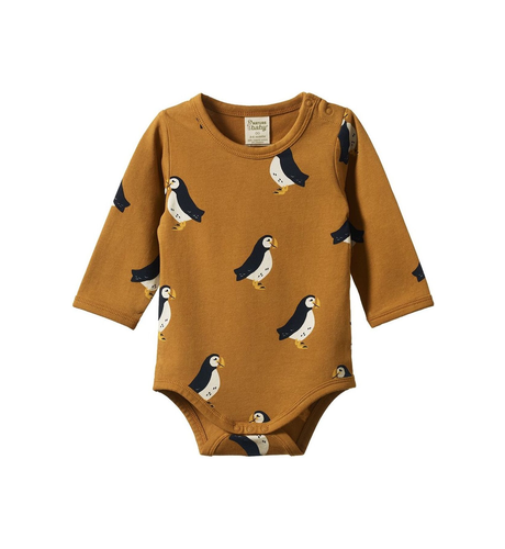 Nature Baby Stretch Jersey L/S Bodysuit - Puffin Toffee Print