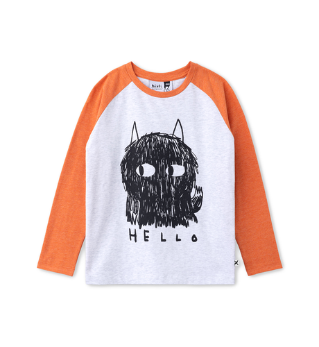 Minti Hello Goodbye Monster L/S Tee - Wht Marle/Orange Marle