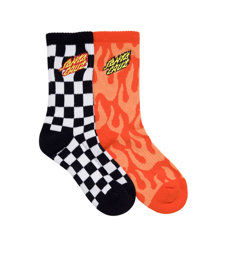 Santa Cruz Flaming Stack Crew Sock 2 Pk (Yth 2-8) - Orange Flame/Blk Chk